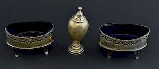 Pair of George III silver oval salts with pierced and engraved decoration, blue glass liners, maker's mark 'GB', London 1813 