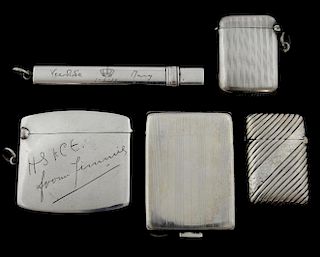 George VI silver pencil holder and cover by S. Mordan & Co., London, 1938, three vestas and a match case, 3.9oz, 123g,