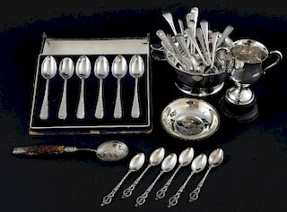 George V silver porringer, maker's mark rubbed, Birmingham, 1926, small trophy cup, Silver Jubilee dish and various silver te