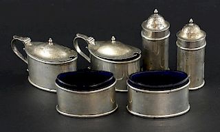 George V silver six piece cruet set, comprising a pair of salts, pair of pepper pots, pair of mustard pots, London 1926, 11oz