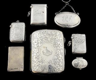George V silver patch box on white metal chain, Birmingham, 1916, a silver cigarette case with engraved floral decoration, Ch