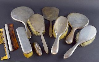George VI silver engine turned dressing set comprising hairbrush, mirror and clothes brush Birmingham 1951, cased , another M