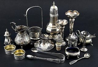 Modern silver sugar caster of octagonal form, Birmingham, 1969, a silver inkwell,  a pair of sugar nips, a silver cream jug ,