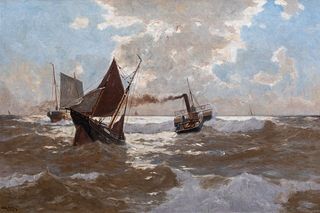 BUSY SHIPPING OFF DUSSELDORF OIL PAINTING