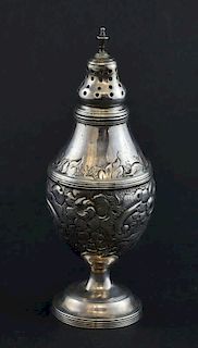 George III silver sugar castor of baluster form with embossed decoration, marks partially cut off, 3.4oz, 106g,