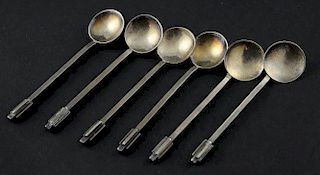 Set of six George VI Arts & Crafts style coffee spoons, the bowls with hammered decoration, by Sybil Norah Pringle, Edinburgh
