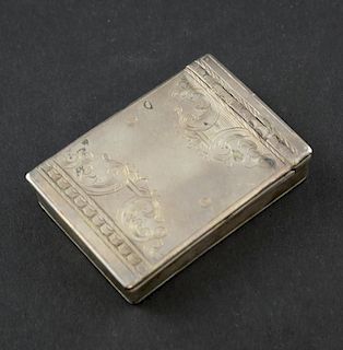 George II white metal snuff box with engraved decoration, hand inscribed to base 'KD 1727', 1.2oz, 40g,
