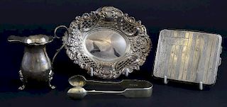 Modern silver bonbon dish with pierced and scrolling decoration, by Israel Freeman & Son Ltd., London, 1973, cigarette case, 