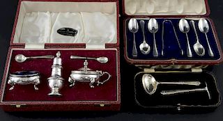 Modern silver condiment set, comprising salt, mustard pot and cover with spoon and salt with spoon, by Mappin & Webb, Sheffie