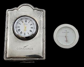 Concord, modern silver cased bedside clock stamped Concord and a silver plated bedside clock the dial also reading Concord