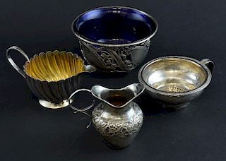 Edward VII silver pierced bowl with blue glass liner, London 1902, fluted cream jug, Birmingham 1889, embossed cream jug, Bir