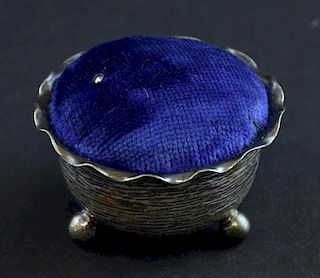 Victorian silver pin cushion in the form of a basket, by Vale Bros & Sermon, Birmingham 1885,
