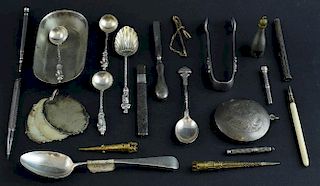 Various silver spoons, sugar tongs, mechanical pencils and a small quantity of silver plated items,