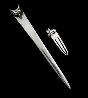 George V fox head silver letter opener by JVC, Birmingham, 1933, and a silver rabbit topped bookmark,