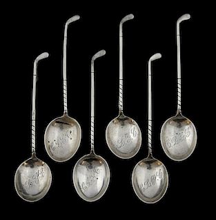 Set of six George V silver spoons with handles in the form of golf clubs by Levi & Salaman, Birmingham, 1927,