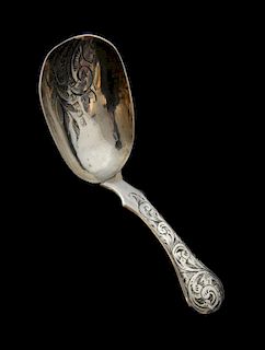Victorian silver foliate bright cut caddy spoon by Thomas Dones, Birmingham, 1854,