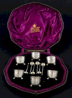 Cased set of six Victorian silver salts and matching spoons with foliate bright cut decoration, by Mappin & Webb, Sheffield, 