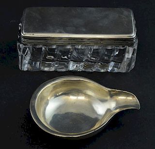 Russian silver lidded glass trinket box, with 84 Kokoshnik mark, and a cigar ashtray with rubbed marks, total silver weight (