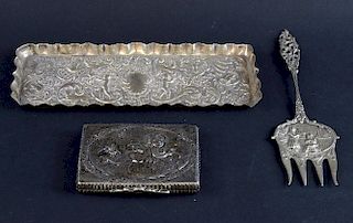 Continental silver card tray embossed with cherub, toasting fork and tray width 21cm