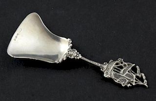 Silver caddy spoon with Galleon finial by 'A&D', import marks,