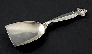 Georg Jensen Danish silver caddy spoon with acanthus leaf pattern,