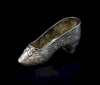 19th century Dutch silver court shoe embossed with figures in a garden, import marks for London, 1896, 5.5oz, 172g, 18cm long