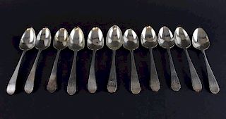 Nine George III Irish silver Old English pattern dessert spoons, by Michael Keating, Dublin, 1802, and two other Irish silver