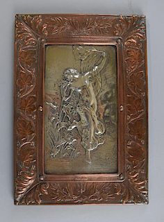 Geo. Ingram, embossed plaque depicting a semi-nude classically draped figure amidst flowers, titled Aurora, impressed signatu