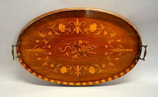 Early 20th century mahogany and marquetry inlaid gallery tray, 62 cm
