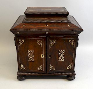 19th century rosewood, and mother pearl jewellery  box, hinged top with fitted interior, above two doors to reveal four drawe