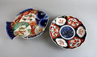 19th century Japanese Imari  plate in the form  of a fish 27cm wide and a similar plate