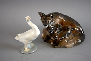 Royal Copenhagen group of foxes 10cm and Lladro figure of a duck 12cm