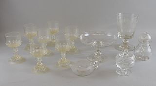 Seven continental glass rummers, large acid etched goblet, tazza, comport, covered jar and sauce boat.
