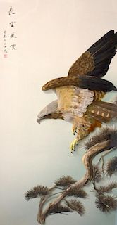 20th century Chinese feather picture depicting an eagle on a branch, with calligraphy and seal mark, 88cm x 44cm, with purcha