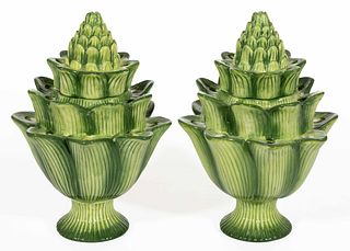 CONTEMPORARY HAND-PAINTED CERAMIC FIGURAL ARTICHOKE TULIPIERE / FLOWER FROG, LOT OF TWO