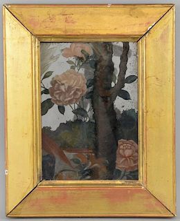Early 19th century reverse painted mirror, 22 x 16 cm and a glazed print The garden. (2)