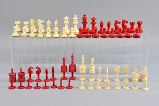 Stained bone Staunton chess set, the king 6 cm high. and another stained bone chess set, the king 7 cm high