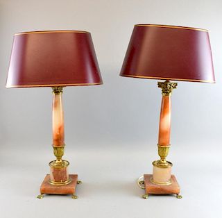 Pair of red marble and gilt metal table lamps 43cm