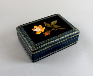 Early 20th century  blue leather box,  inset with a pietra dura panel 16cm