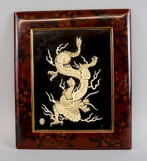 Chinese lacquered plaque inset with bone dragon  17cm x 21cm