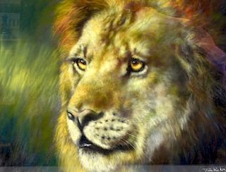 Joel Kirk ( British, born 1948 ) His Majesty, a lion, watercolour, signed. 48x63 cm