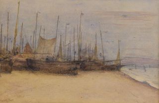 Arthur G Bell, Boats at low tide, signed watercolour, 16cm x 25cm