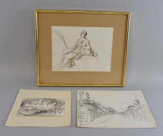 Frank L Emanuel (1866-1948) pencil drawings, Saffron Walden, 23 x 29 cm & 11 x 17.5 cm together with an ink sketch of a woman