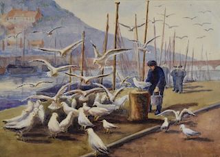British School, early 20th Century - Dinner Time, fisherman with seagulls on the quayside at Looe, Cornwall watercolour, sign