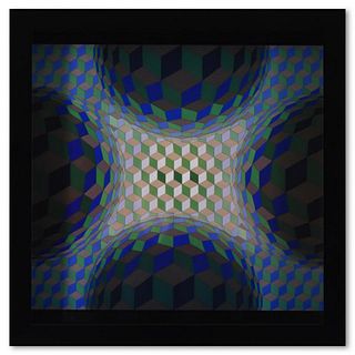 Victor Vasarely (1908-1997), "Cheyt - Stri - Ton de la sÃ©rie Structures Universelles De L'Hexagone" Framed 1975 Heliogravure Print with Letter of Aut