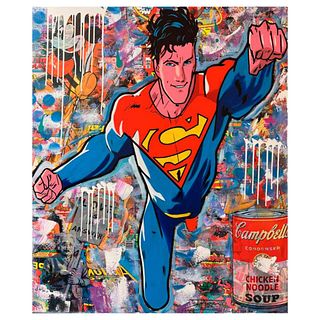 Jozza, "Superman with Love" Unique Mixed Media on Canvas, Hand Signed with Letter of Authenticity.