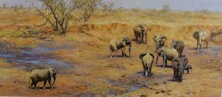 David Shepherd, African Waterhole, Limited Edition Coloured Print, signed in pencil, 201/650. 35x70cm