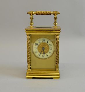 Brass and glass carriage clock with drum movement, 15cm high,