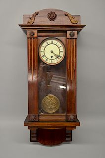 Mahogany wall clock with enamel dial, Roman numerals. 85cm high