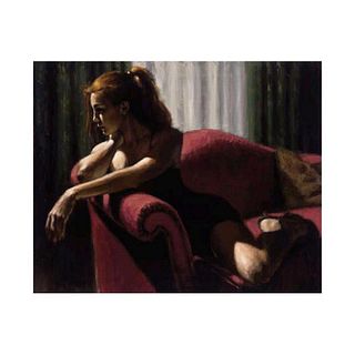 Fabian Perez, "Rojo Sillon III" Hand Textured Limited Edition Giclee on Board. Hand Signed and Numbered.